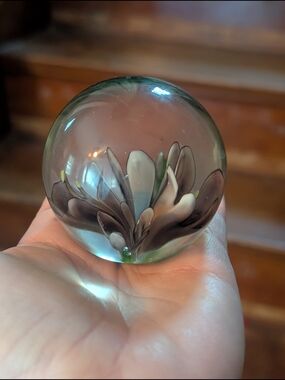 Handblown Glass Flower Sphere - Green and Gray Home Art vintage Ball Weight